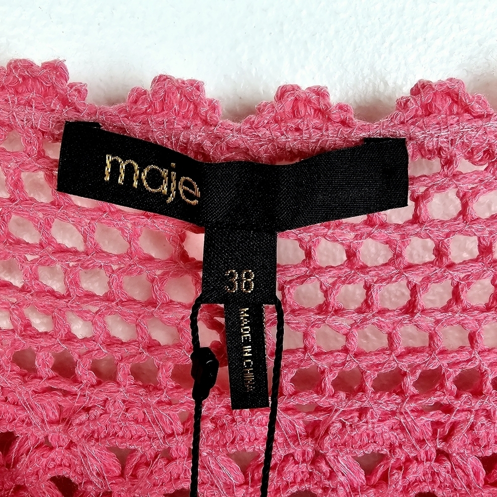 Maje Rosy Pink Crochet Fringe Short Sleeve Mini Dress NWT - Picture 8 of 16